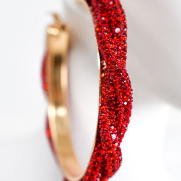 3" Boho Braid Twist Red Rhinestone Hoop Earrings - Picture 7 of 13